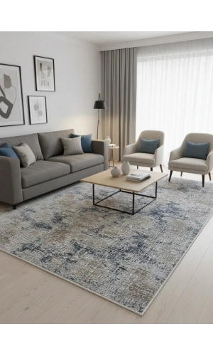 Asaryün Moda H4884 Mavi Gri Soyut Eskitme Grid Salon Halısı 150x233 — Saçaklı