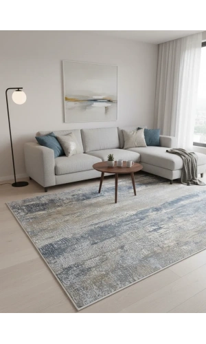 Asaryün Moda H4872 Mavi Gri Dikey Soyut Eskitme Salon Halısı 150x233 — Fırça Darbesi Saçaklı