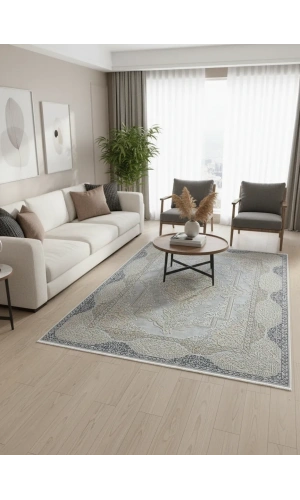 Asaryün Moda H4864 Mavi Gri Arabesk Madalyon Salon Halısı 150x233 — Klasik Saçaklı