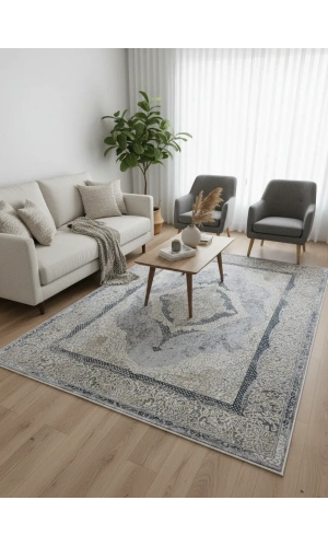 Asaryün Moda H4861 Mavi Gri Madalyon Klasik Salon Halısı 150x233 — Eskitme Saçaklı