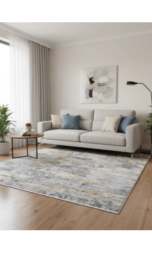 Asaryün Moda H4853 Mavi Gri Soyut Eskitme Salon Halısı 150x233 — Vintage Saçaklı