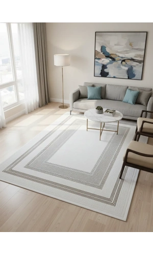 Çapan Armoni H6812A Beyaz Vizon Çerçeveli Salon Halısı 160x230 — Vizon Bordür Flosh