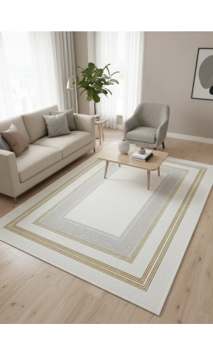 Çapan Armoni H6812A Beyaz Gold Çerçeveli Lüks Salon Halısı 160x230 — Altın Bordür Flosh