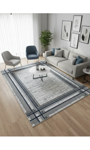 Çapan Armoni H6811A Gri Lacivert Çerçeveli Salon Halısı 160x230 — Peluş Flosh Soyut