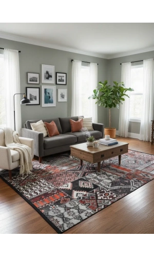 Bellino 4974 Kırmızı Siyah Kilim Patchwork Halı 160x230