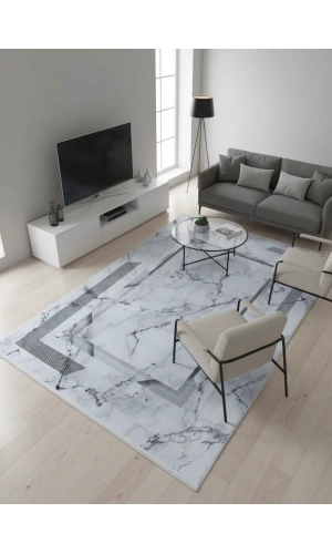 Bellino 4713 Beyaz Mermer Desenli Çerçeveli Halı 120x180