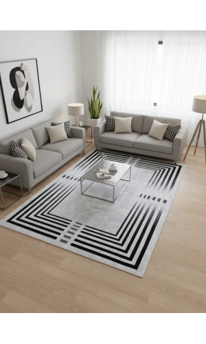 Bellino 4668 Beyaz Siyah Çok Katmanlı Bordürlü Halı 120x180