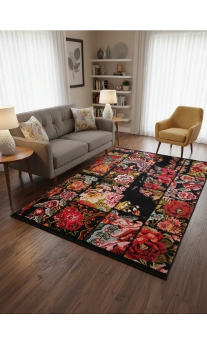 Bellino 4473 Siyah Zemin Renkli Gül Patchwork Halı 120x180