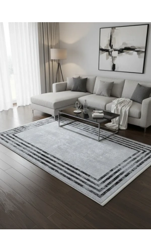 Bellino 4434 Gri Beyaz Eskitme Çerçeveli Halı 120x180