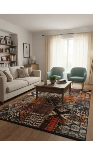 Bellino 4411 Siyah Renkli Kilim Patchwork Halı 120x180