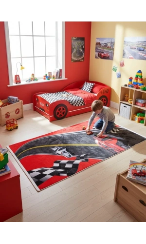 Bellino 5446 Kırmızı Siyah Formula Yarış Bayraklı Halı 80x150