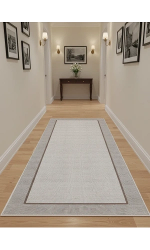 Bellino 4721 Bej Beyaz İç İçe Kare Labirent Halı 80x150