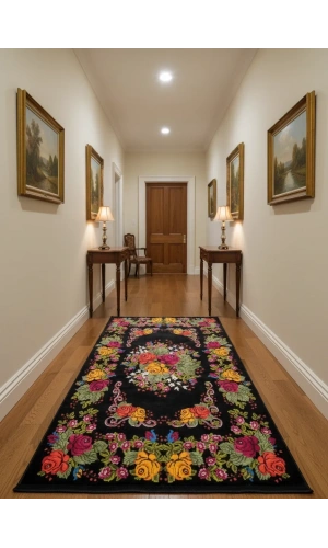 Bellino 4474 Siyah Zemin Gül Buketi Çiçekli Halı 80x150