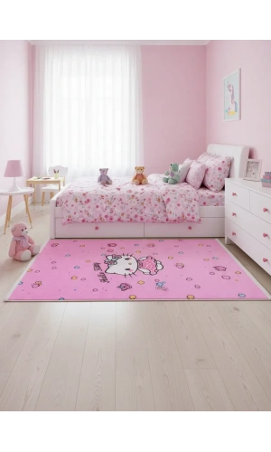 Bellino 5480 Pembe Sevimli Kedi Figürlü Kız Çocuk Halısı 80x150