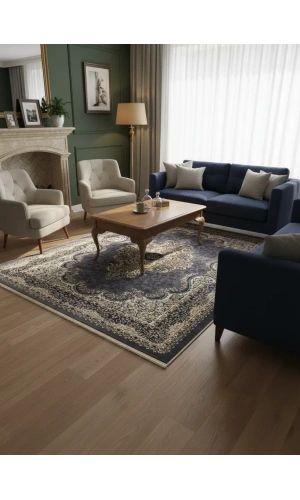 Hereke Klasik 7563F Koyu Gri Krem Lale Madalyonlu Halı 160x230