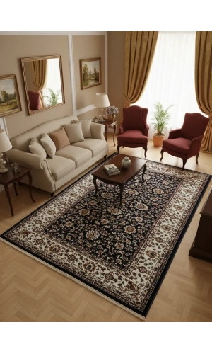 Asar Yün İpek H5500A Lacivert Allover Çiçekli Halı 150x233