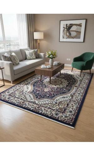 Asar Yün İpek H4158G Lacivert Bahçe Bölmeli Halı 150x233