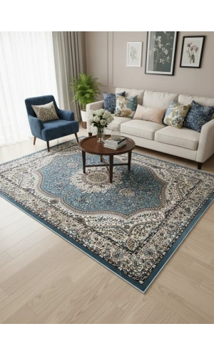 Asar Yün İpek H4158A Mavi Armut Madalyonlu Halı 150x233