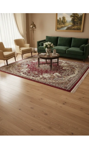 Asar Yün İpek H4030C Koyu Kırmızı Köşe Madalyonlu Halı 150x233