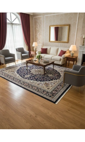 Asar Yün İpek H3846A Lacivert Madalyonlu Halı 150x233