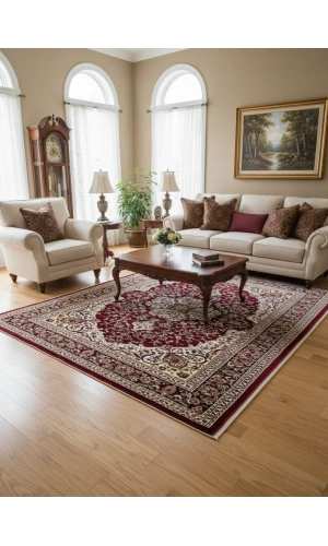 Asar Yün İpek H3846A Koyu Kırmızı Madalyonlu Halı 150x233