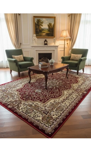 Asar Yün İpek H3528A Koyu Kırmızı Madalyonlu Halı 150x233