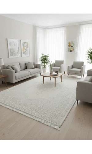 Sevimli AK172 Beyaz Kabartmalı Madalyonlu Halı 160x230