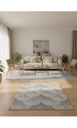 Sarar Lüx Krem Gri Yelpaze Kabartmalı Halı