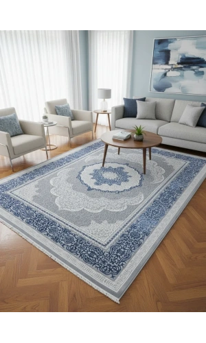 Sevimli Soft AK106 Açık Gri Mavi Çiçekli Floş Halı 200x290