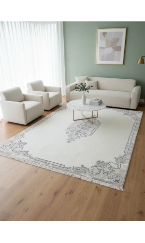 Sevimli Soft Platinum AK085 Beyaz Gri Çiçekli Floş Halı 200x290