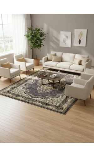 Hereke Classic 7563F Koyu Gri Altın Gold Madalyonlu Halı 200x290