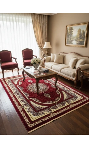 Hereke Classic 7381E Kırmızı Krem Mihrap Desenli Klasik Halı 200x290