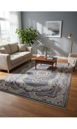 Hereke Classic 3970L Koyu Gri Krem Madalyonlu Klasik Halı 200x290