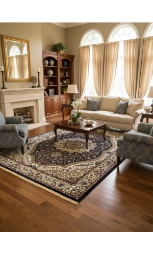 Asar Yün İpek H4158G Lacivert Madalyonlu Klasik Halı 200x290