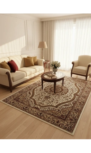 Asar Yün İpek H4158A Krem Madalyonlu Klasik Halı 200x290