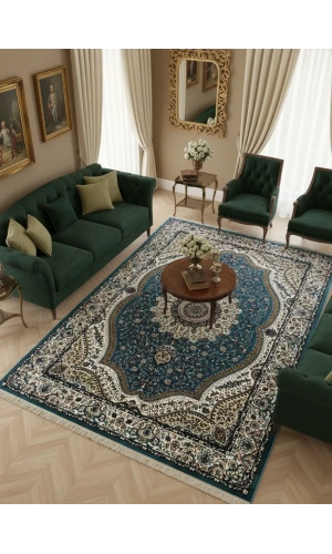 Asar Yün İpek H4158A Mavi Madalyonlu Klasik Halı 200x290