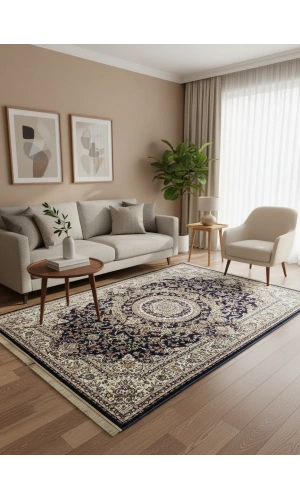 Asar Yün İpek H4095A Lacivert Madalyonlu Klasik Halı 200x290