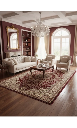 Asar Yün İpek H4095A Koyu Kırmızı Madalyonlu Klasik Halı 200x290