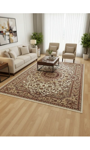 Asar Yün İpek H4095A Krem Madalyonlu Klasik Halı 200x290