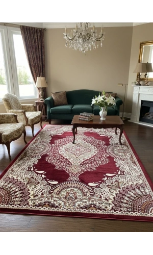Asar Yün İpek H4015A Koyu Kırmızı Bahçe Bölmeli Klasik Halı 200x290
