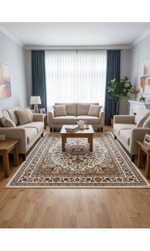 Asar Yün İpek H3846A Krem Madalyonlu Klasik Halı 200x290