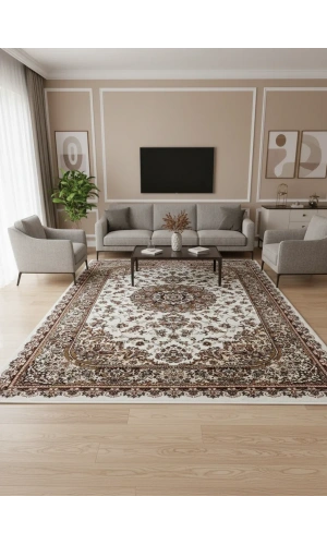 Asar Yün İpek H3809A Krem Klasik Madalyonlu Halı 200x290