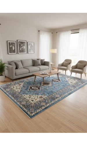 Asar Yün İpek H4320A Mavi Kazak Desenli Klasik Halı 200x290