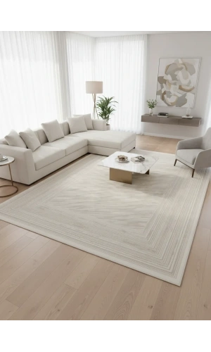 Veseo Armoni 40047A Krem Halı 200x290 | Çerçeveli Dalga Doku Krem Halı