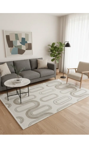 Veseo Armoni 40194A Krem Açık Bej Halı 200x290 | Oval Kavisli Krem Bej Halı