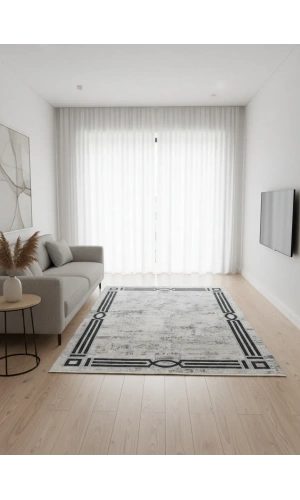 Stil 06322A Mavi Halı 200x290 | Lacivert Oval Çerçeveli Eskitme Halı