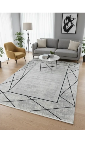 Stil 06318B Mavi Halı 200x290 | Çapraz Geometrik Lacivert Çerçeveli Halı