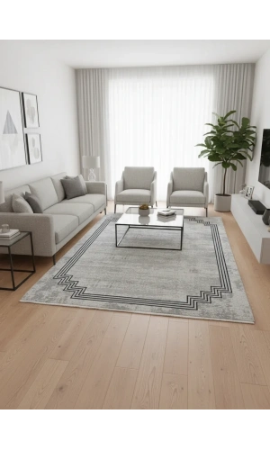 Stil 06304A Mavi Halı 200x290 | Geometrik Çerçeveli Eskitme Halı