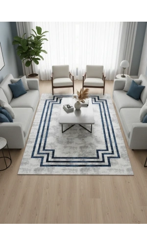 Çapan Armoni H5598B Lacivert Beyaz Bordürlü Halı 200x290