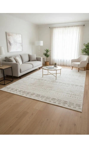 Asar Yün Moda H7032 Bej Şerit Çizgili Bohem Halı 200x290